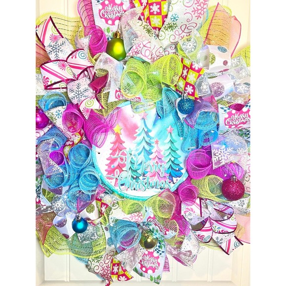 Handmade Bright Merry Christmas Holiday Ribbon Door Wreath 22 ins W52 Pink Blue - Picture 7 of 13